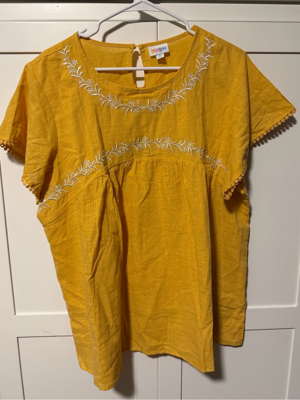 LuLaRoe Cotton Mustard Yellow Embroidered Short-Sleeve Tunic
